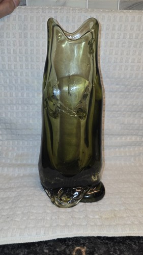 Vintage Mid Century Modern FreeForm Swung Glass Vase-Olive Green