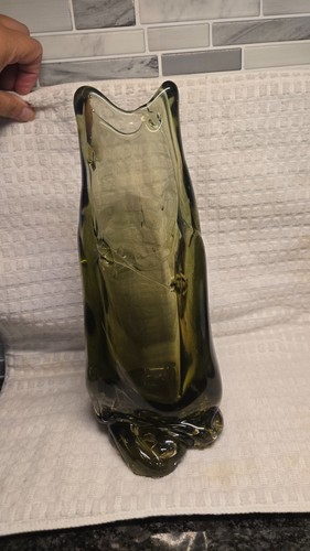 Vintage Mid Century Modern FreeForm Swung Glass Vase-Olive Green - photo 4