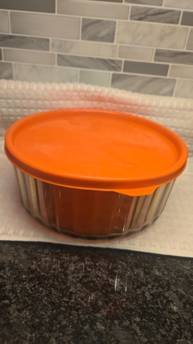 Vintage Arcopal France Smoked Glass Ribbed Bowl with Orange Lid - photo 3