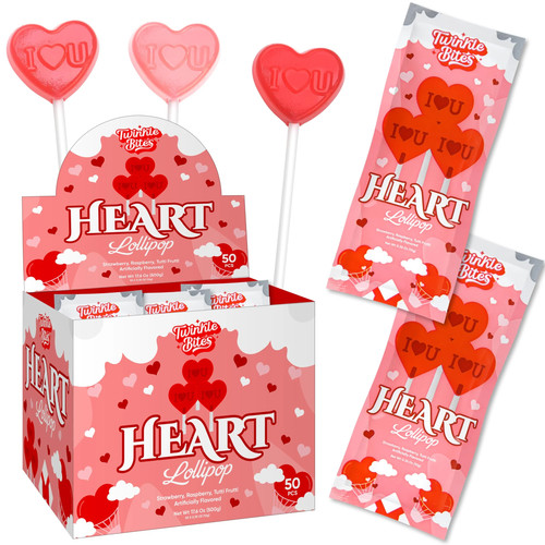 50 Pack Valentines Day Lollipops – Individually Wrapped Heart Su