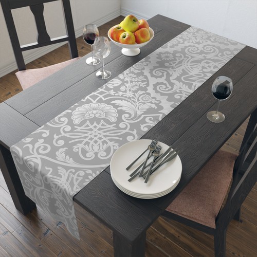 Gray Damask Table Runner | Floral Scroll Pattern, Cotton-Poly Bl - photo 5