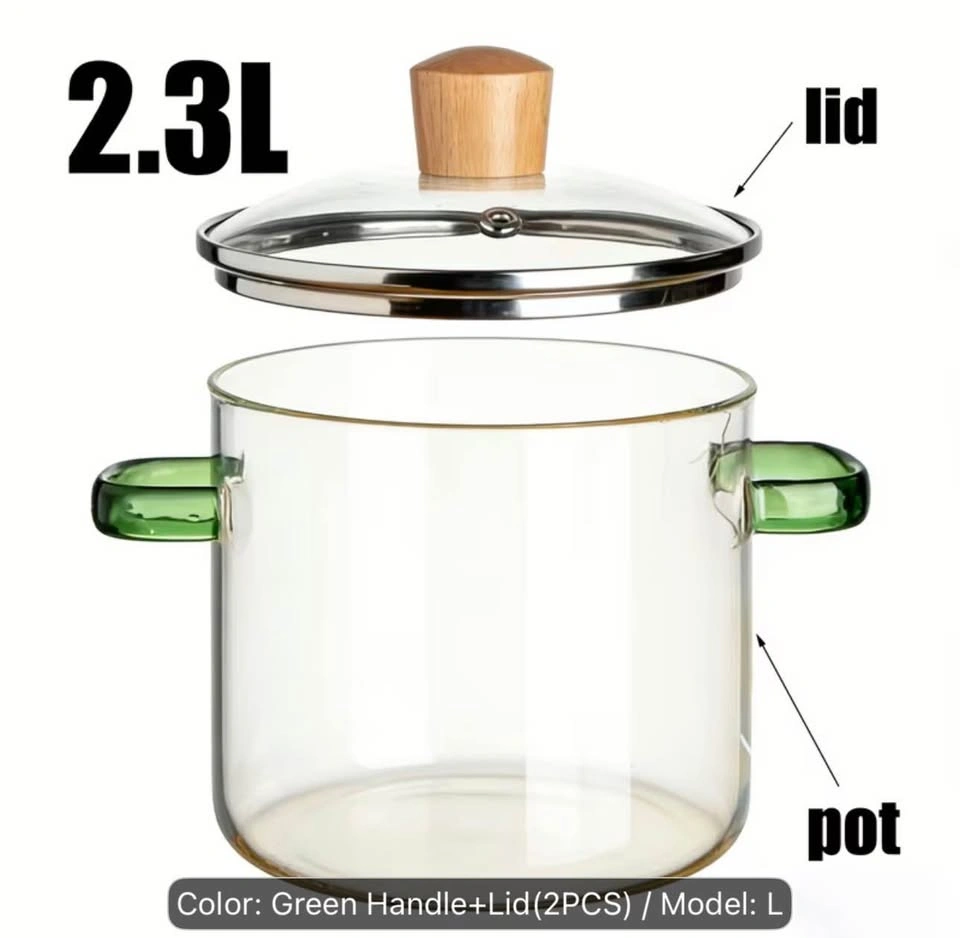 TOLSWE Glass Pot with Lid — 2.3 L — Green Handles — New