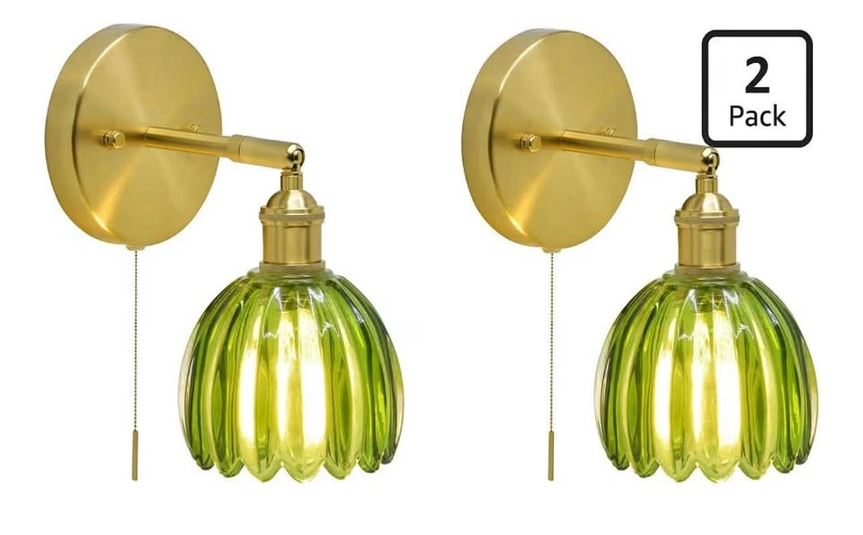 HARDWIRED Set of 2 Vintage Green Glass Wall Sconces