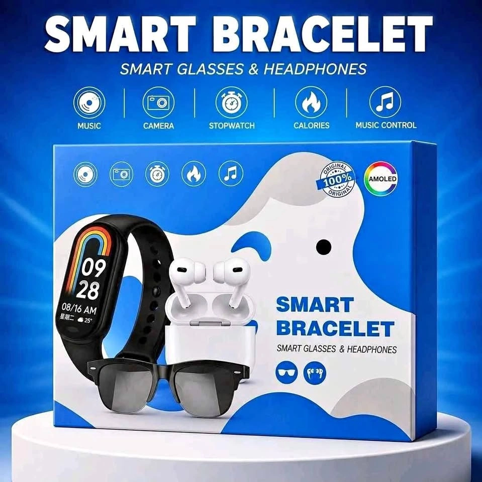 3-in-1 Smart Bundle: Fitness Band, Earbuds & Glasses