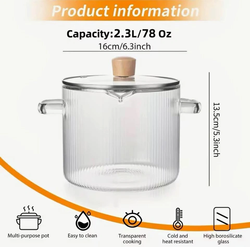 2.3L Glass Cooking Pot with Lid — Borosilicate Glass