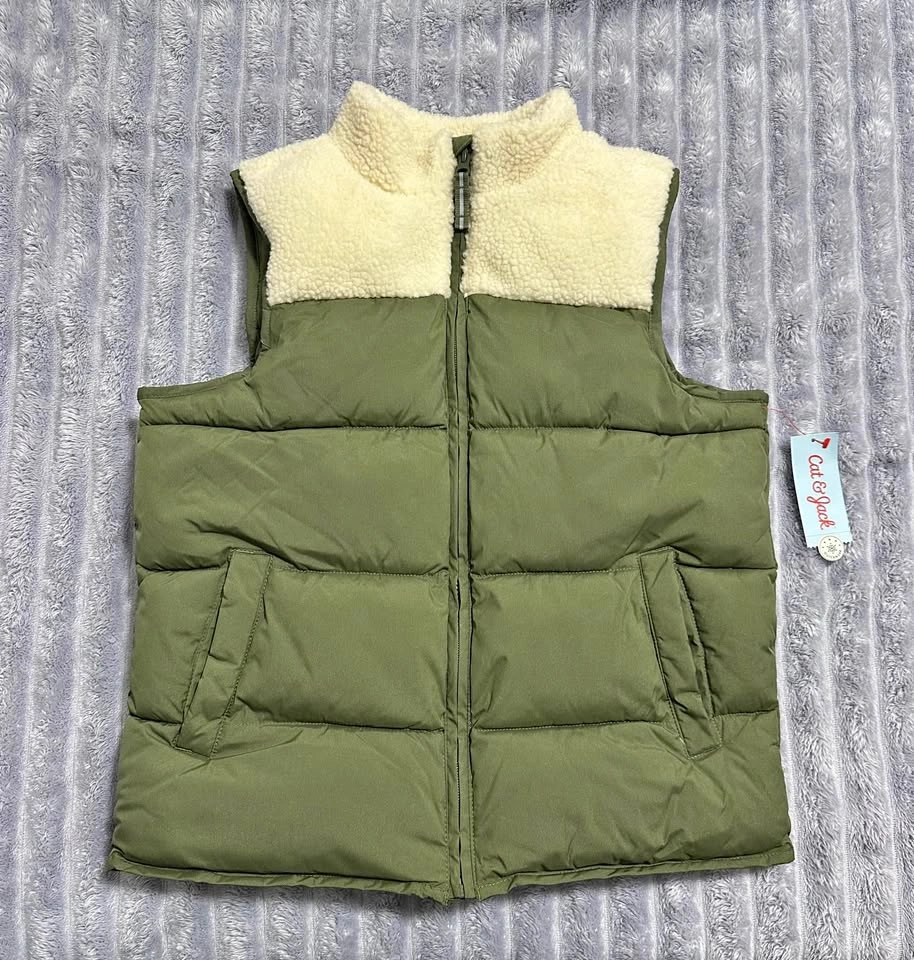 Cat & Jack Puffer Vest — Kids’ XL (14) — Olive Green — New with