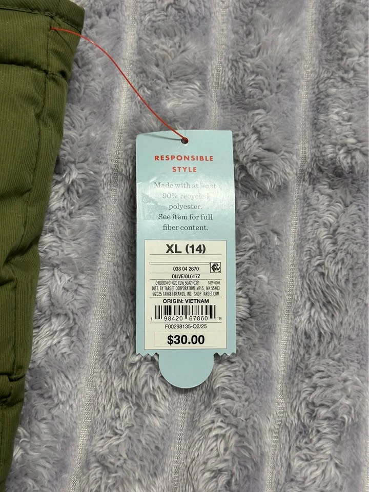 Cat & Jack Puffer Vest — Kids’ XL (14) — Olive Green — New with - photo 3