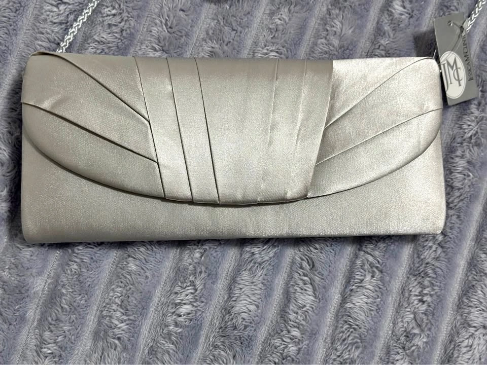 Jessica McClintock Silver Satin Clutch Purse with Chain Strap