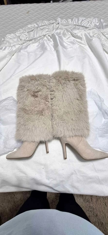 Beige Faux Fur Suede Stiletto Boots