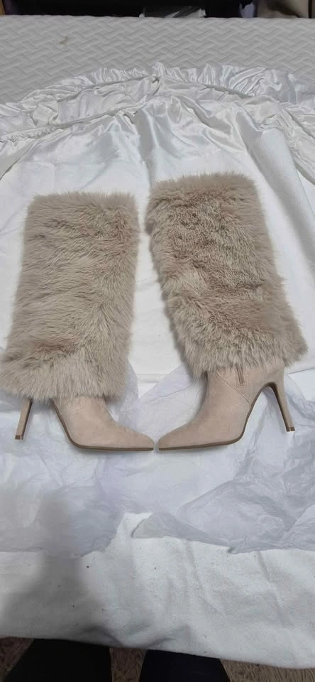 Beige Faux Fur Suede Stiletto Boots - photo 2