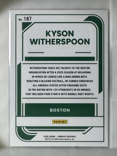 2026 BASEBALL DONRUSS KYSON WITHERSPOON RED/BLUE LASER RC BOSTON - photo 2