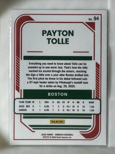 2026 Panini Donruss - Optic Payton Tolle #94 Holo Prizm (RC) - photo 2