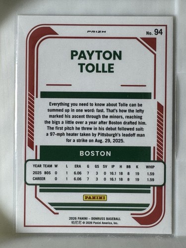 2026 Panini Donruss - Optic Payton Tolle #94 Circles Prizm (RC) - photo 2