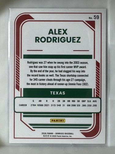 2026 Donruss Red/White/Blue Alex Rodriguez No. 59 Rangers - photo 2