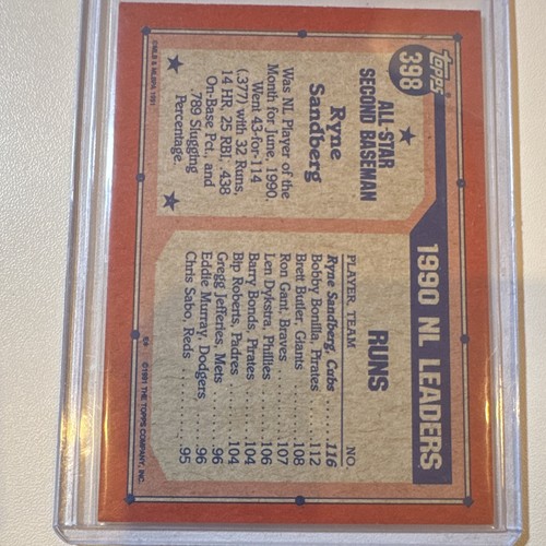 Topps 1991 All-Star Ryne Sandberg #398 Chicago Cubs Baseball Car - photo 2