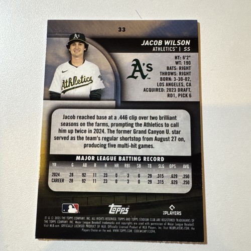 2025 Topps Stadium Club - Jacob Wilson #33 Lime Green Foil (RC) - photo 2