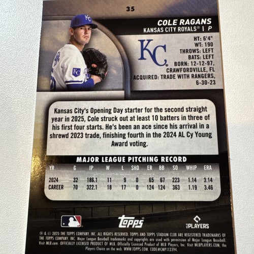 2025 Topps Stadium Club - Cole Ragans #35 Lime Green Foil - photo 2