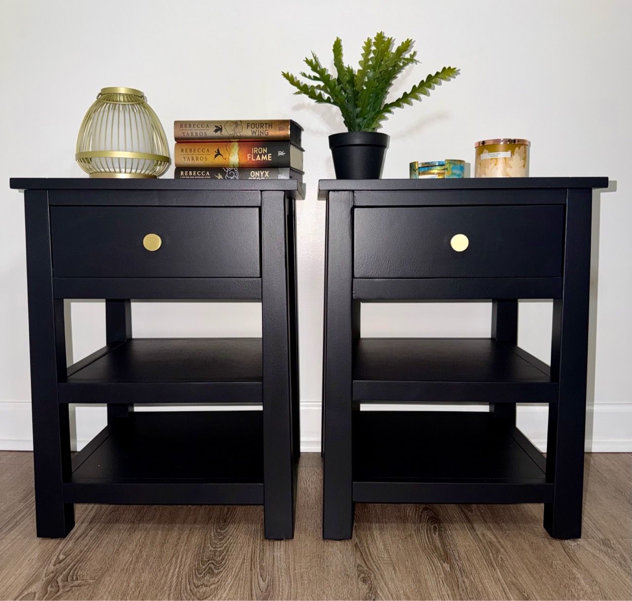 Black Nightstands with Drawer and Shelves – Set of 2