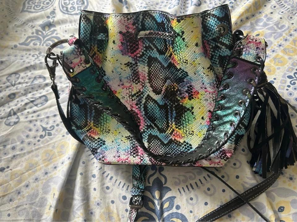 Multicolor Snakeskin Print Bucket Bag with Tassel - photo 2
