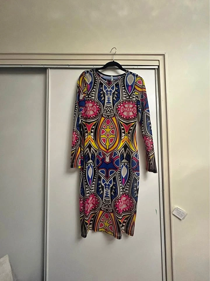 Colorful Patterned Midi Dress and Black Spaghetti Strap Dress