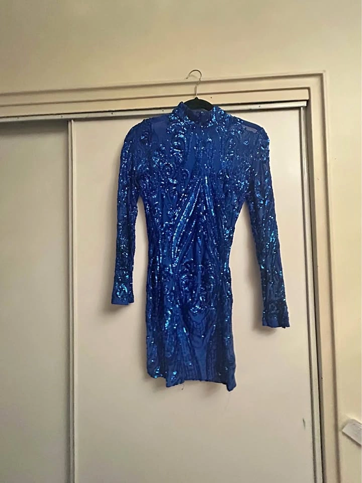 Blue Sequin Long Sleeve Mini Dress M