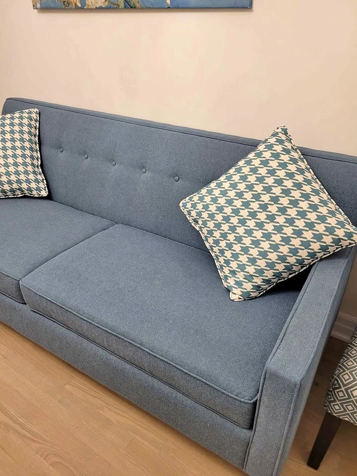 Mid-Century Modern Blue Button-Tufted Sofa