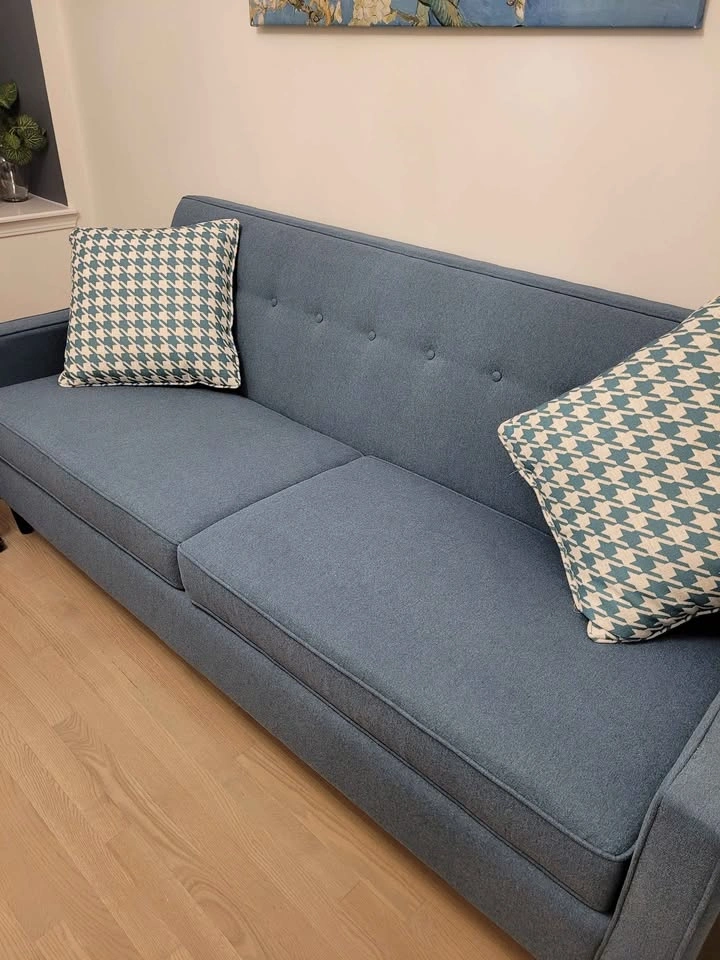 Mid-Century Modern Blue Button-Tufted Sofa - photo 2