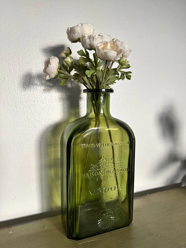Faux Peony Bouquet in Vintage Green Glass Bottle