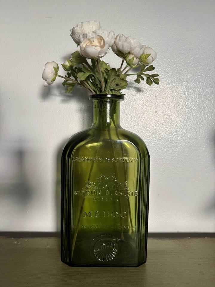 Faux Peony Bouquet in Vintage Green Glass Bottle - photo 2
