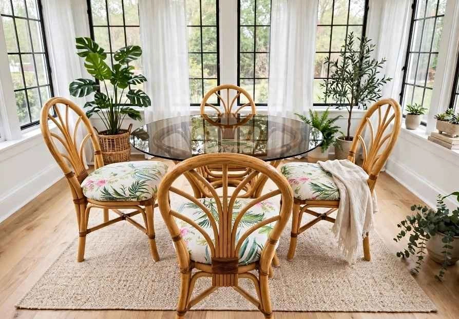 Vintage Rattan Dining Set with Glass Top Table and 4 Chairs