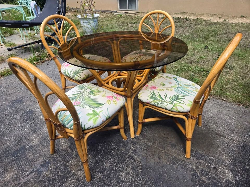 Vintage Rattan Dining Set with Glass Top Table and 4 Chairs - photo 2
