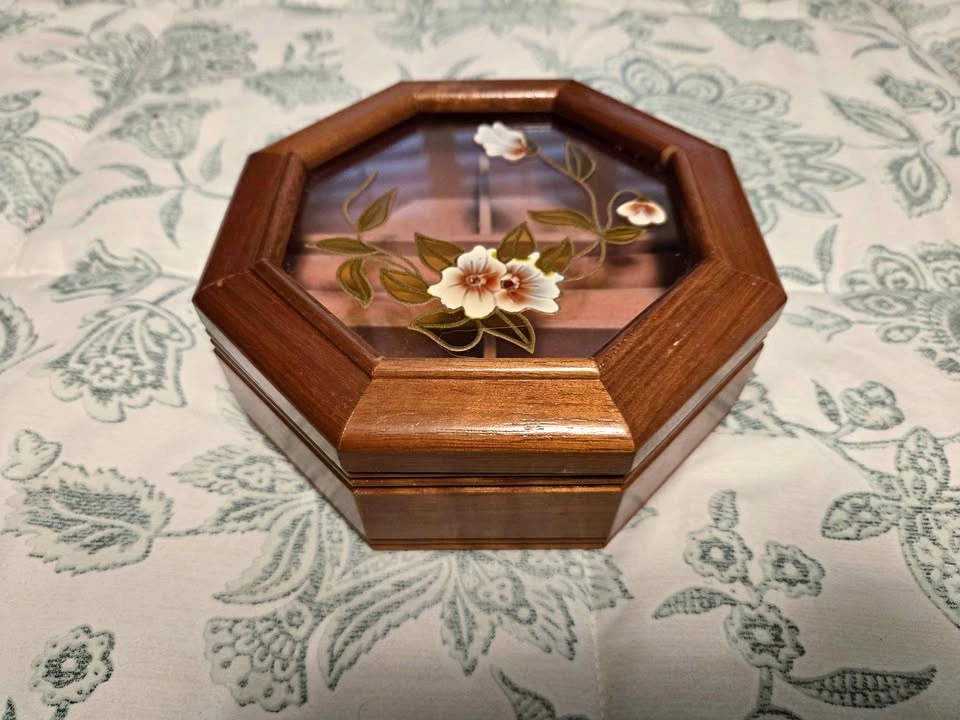 Octagonal Wooden Jewelry Box with Floral Glass Lid