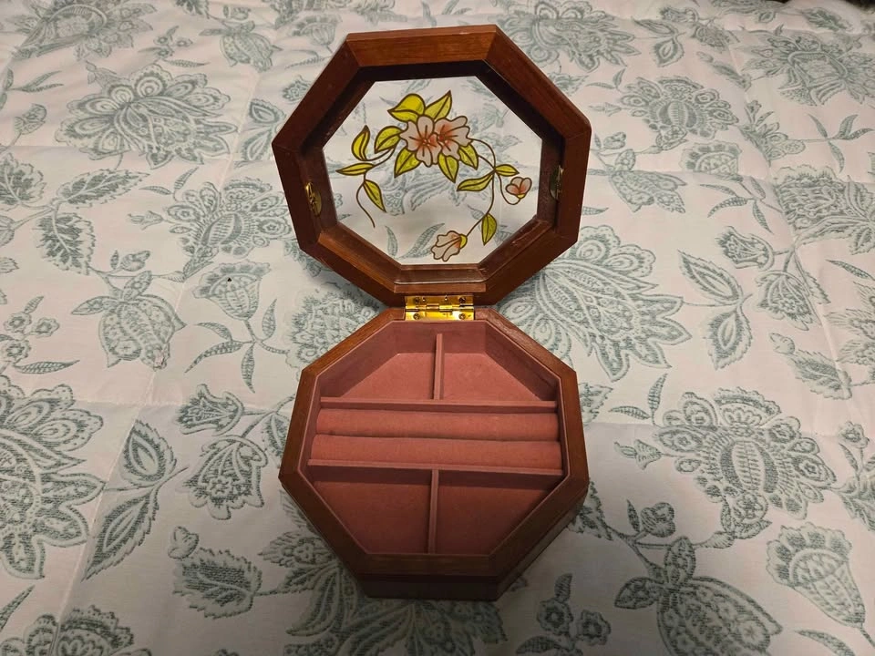 Octagonal Wooden Jewelry Box with Floral Glass Lid - photo 2