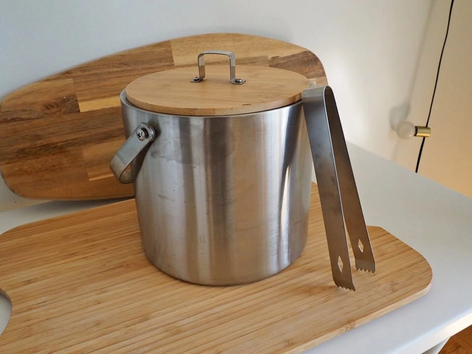 Stainless Steel Ice Bucket with Bamboo Lid + Tongs