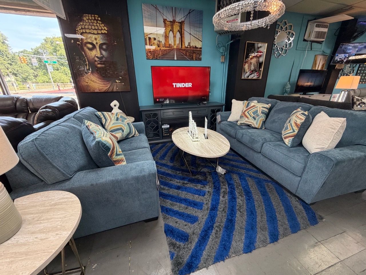 Blue Fabric Sofa and Loveseat Set