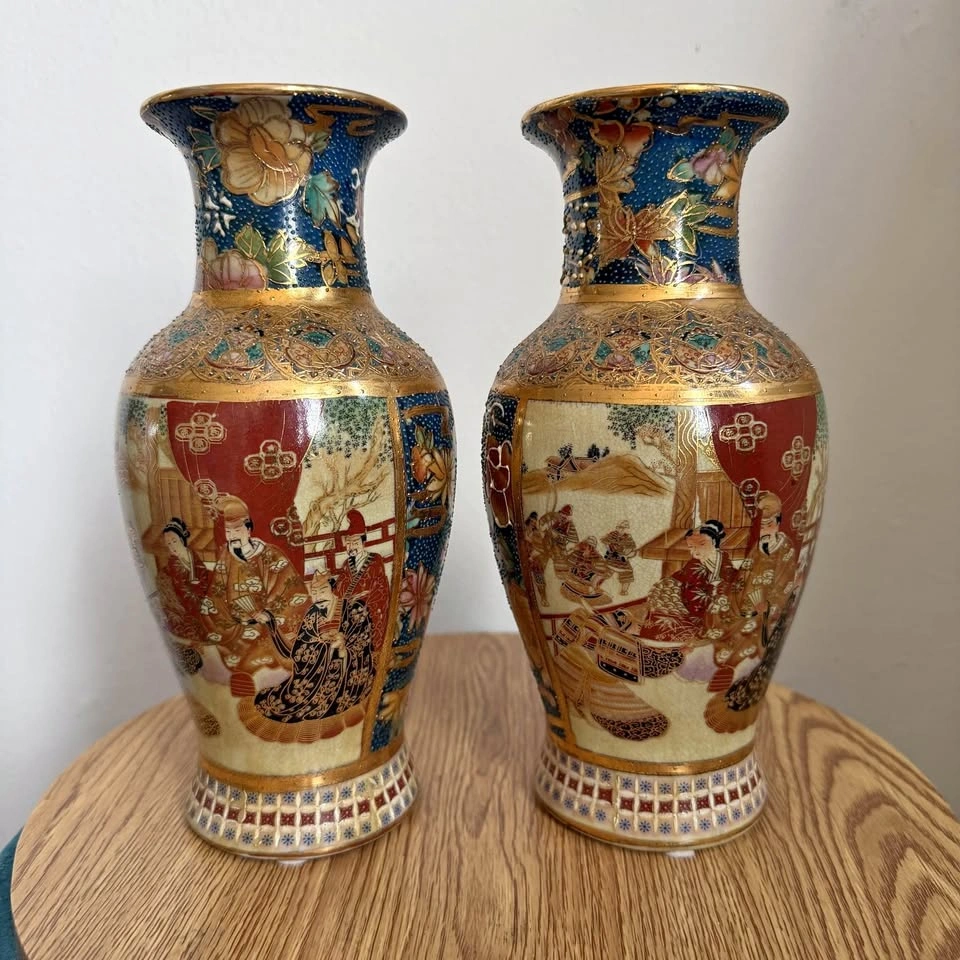 Pair of Vintage Japanese Satsuma Pottery Vases