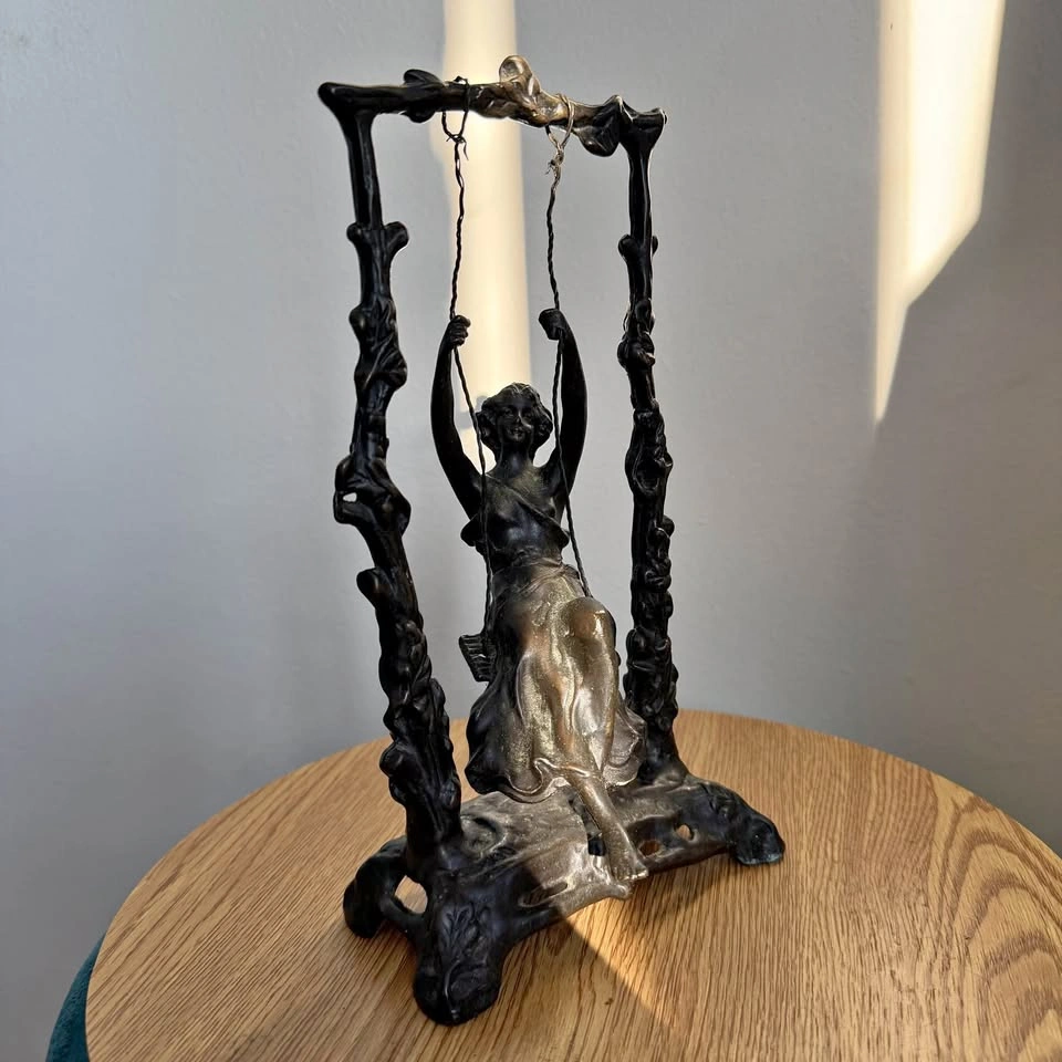 Vintage French Art Nouveau Bronze Sculpture - Girl on a Swing