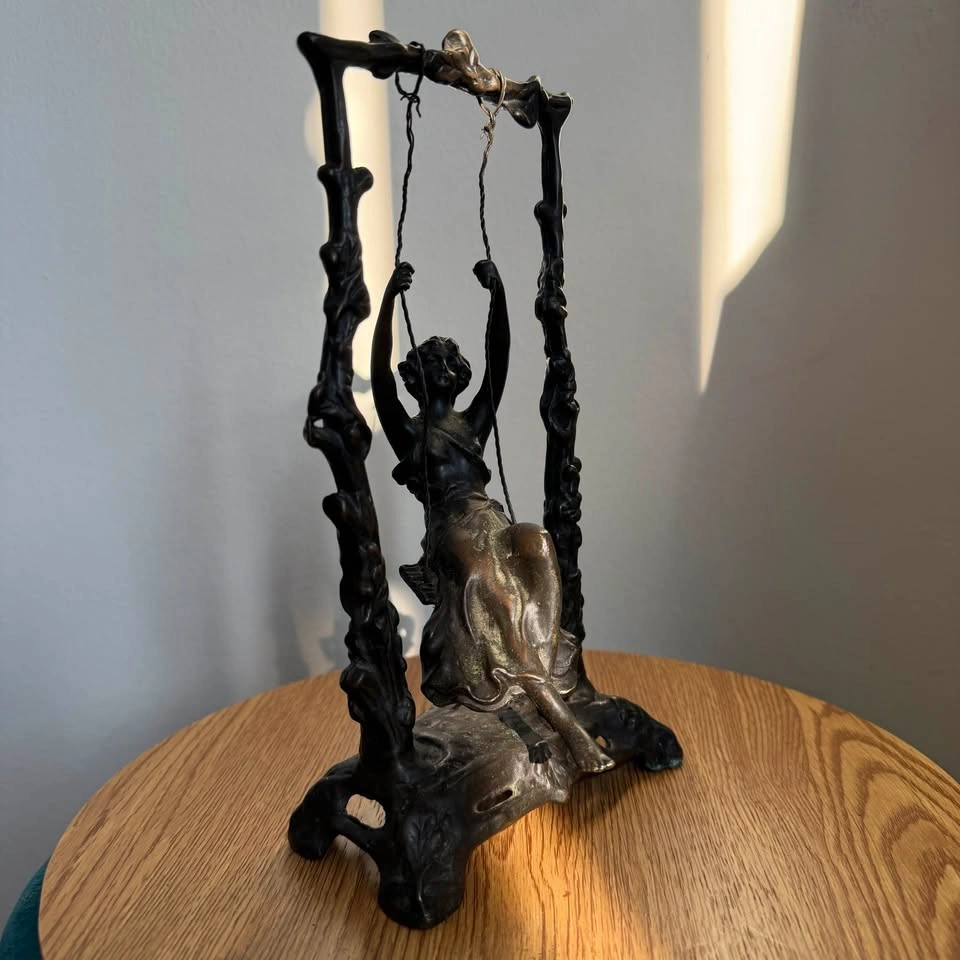 Vintage French Art Nouveau Bronze Sculpture - Girl on a Swing - photo 4