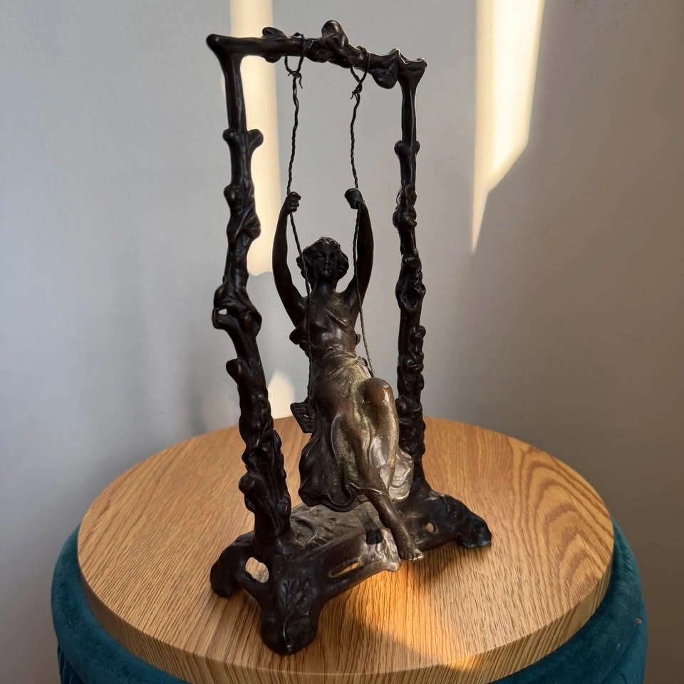 Vintage French Art Nouveau Bronze Sculpture - Girl on a Swing - photo 5