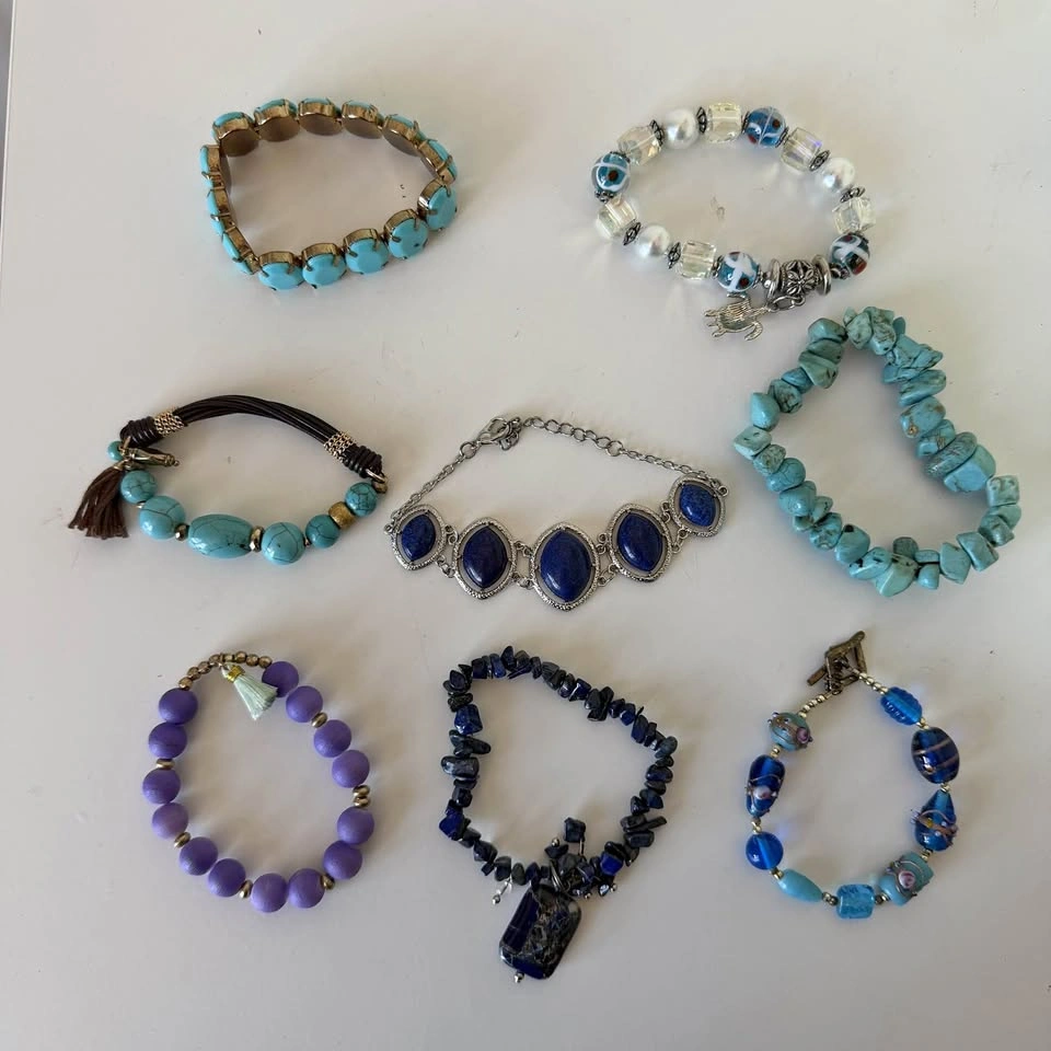 Lot of 8 Blue & Turquoise Gemstone & Bead Bracelets