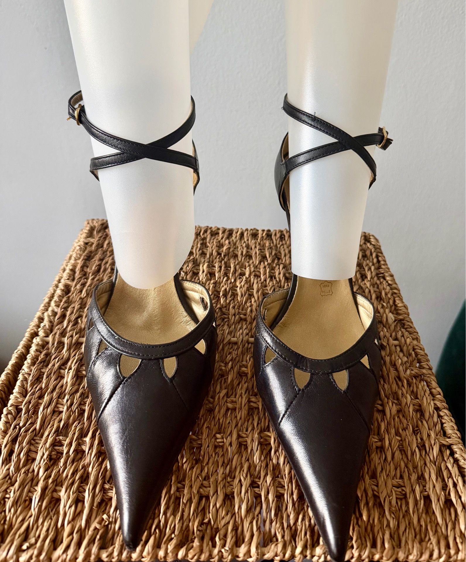 Pointed-Toe Ankle-Strap Heels with Cutout Detail