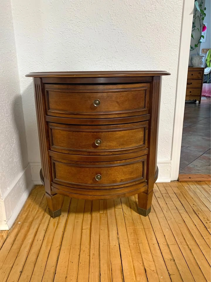 Vintage Demi-Lune Side Table with Inlaid Wood Top & 3 Drawers
