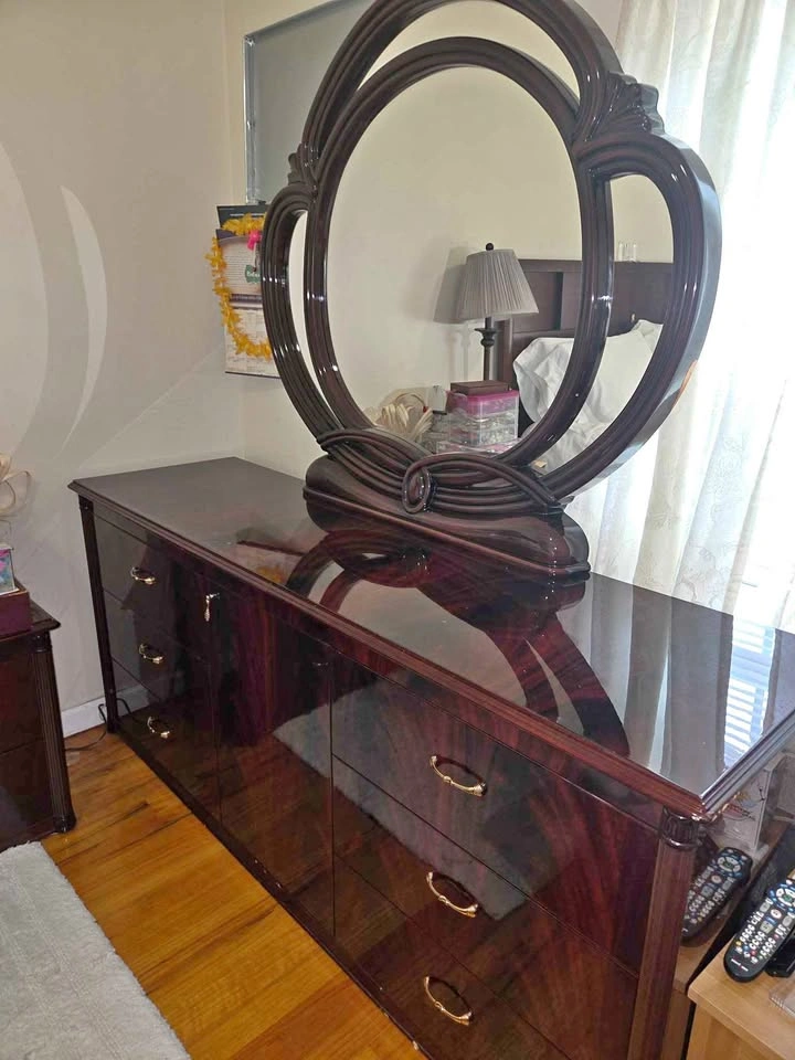 Dark Mahogany Finish Dresser with Ornate Mirror