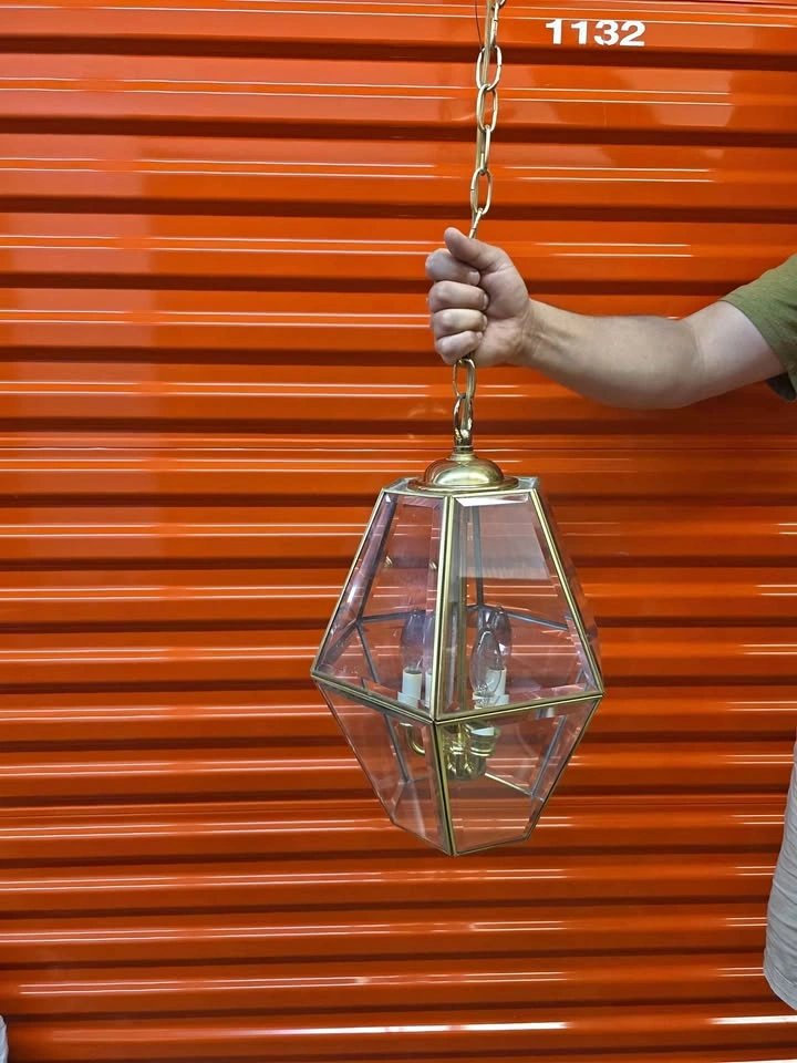 Vintage Italian Brass and Beveled Glass Hexagonal Chandeliers