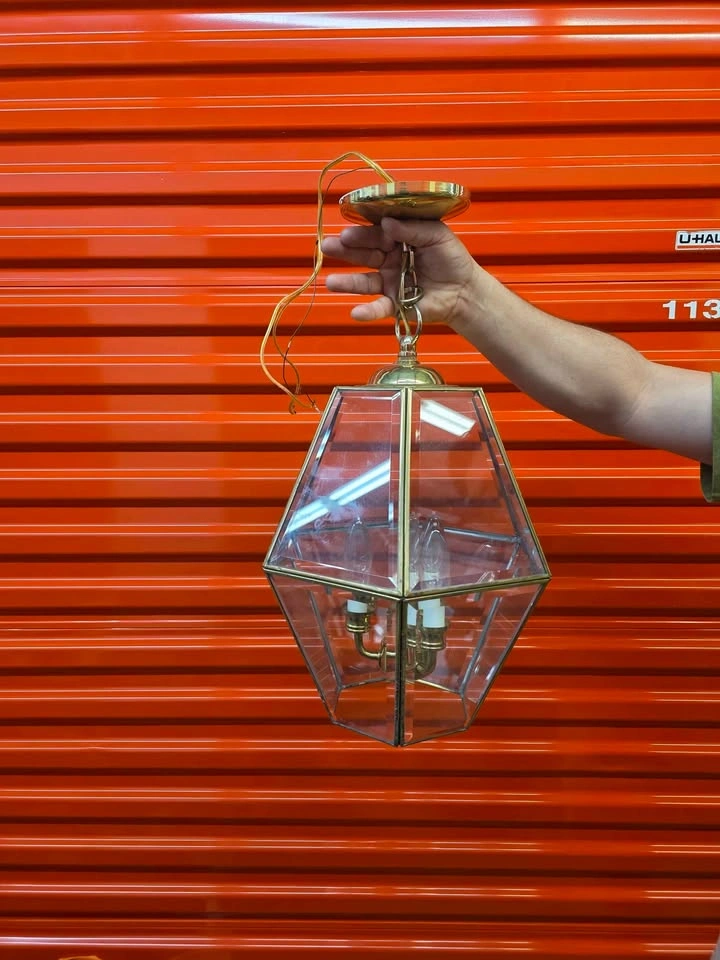 Vintage Italian Brass and Beveled Glass Hexagonal Chandeliers - photo 2
