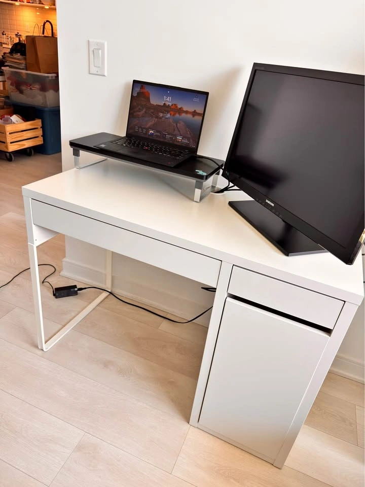 Desk: IKEA MICKE White Desk with Drawer & Storage Cabinet