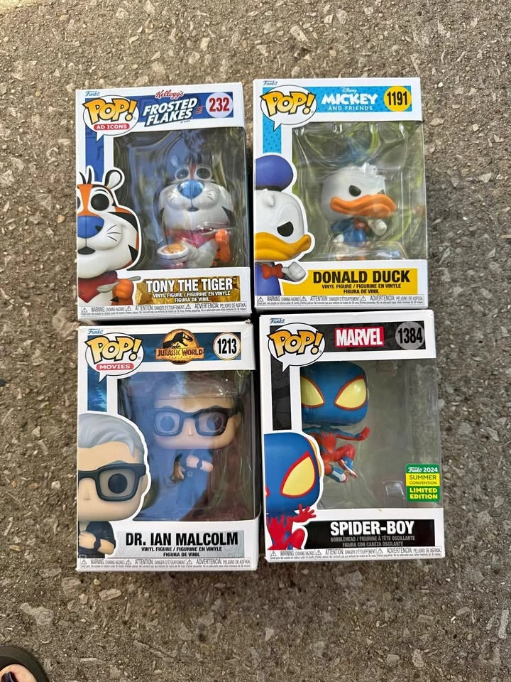 Funko POP! Donald Duck, Tony the Tiger, Dr. Ian Malcolm & Spider