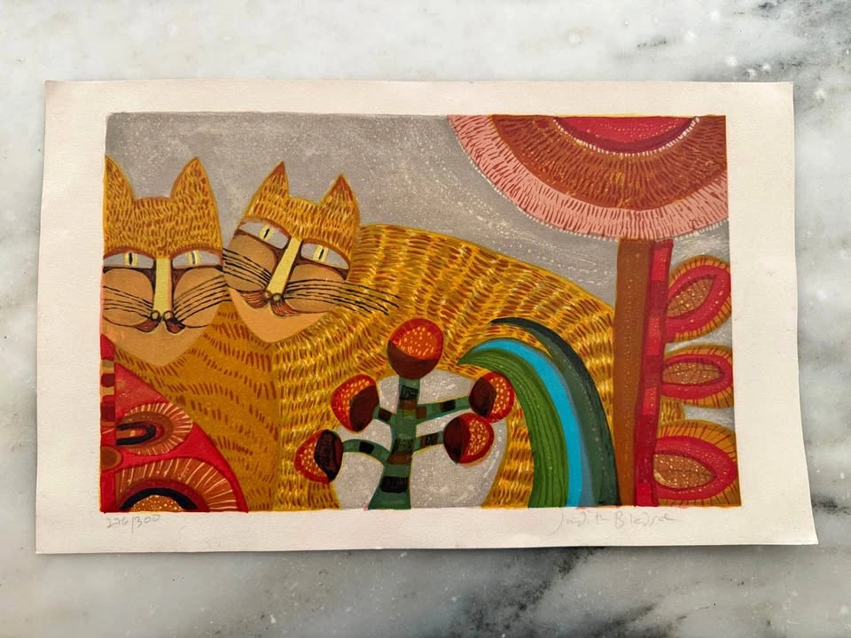 Judith Bledsoe Cats, Folk Art Lithograph and Blind Embossing