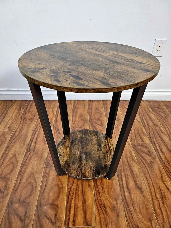 Industrial Round End Table with Storage Shelf