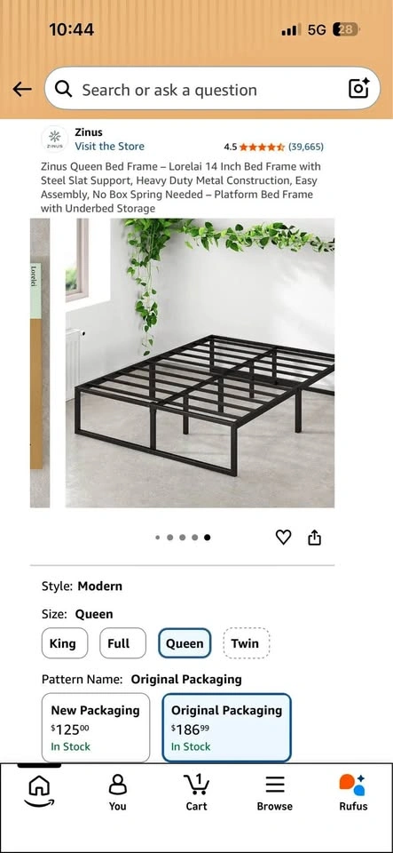 Zinus Queen Bed Frame + Queen size medium firm bamboo mattress